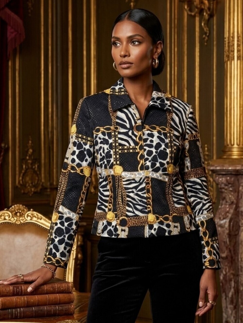 Mesmerize Vintage Glam Animal Print & Gold Chain Statement Jacket